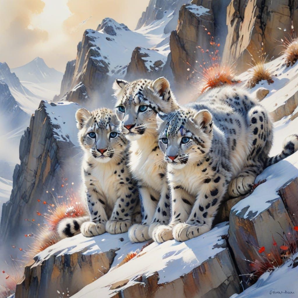 Snow Leopard Cubs: An Impressionist Watercolour Painting