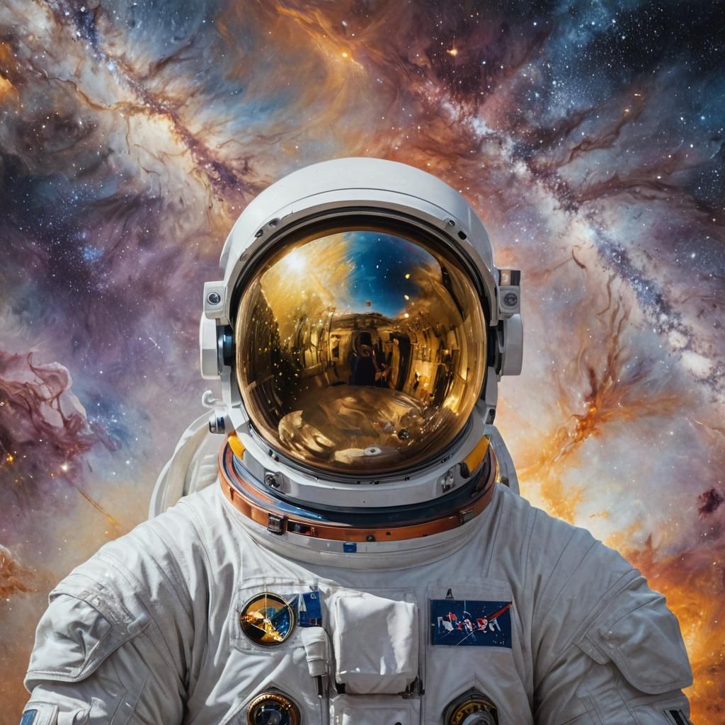 Astronaut Portrait in Galaxy, Triadic Oil Painting