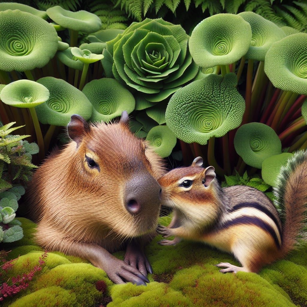 Capybara and Chipmunk Cuddling in a Garden