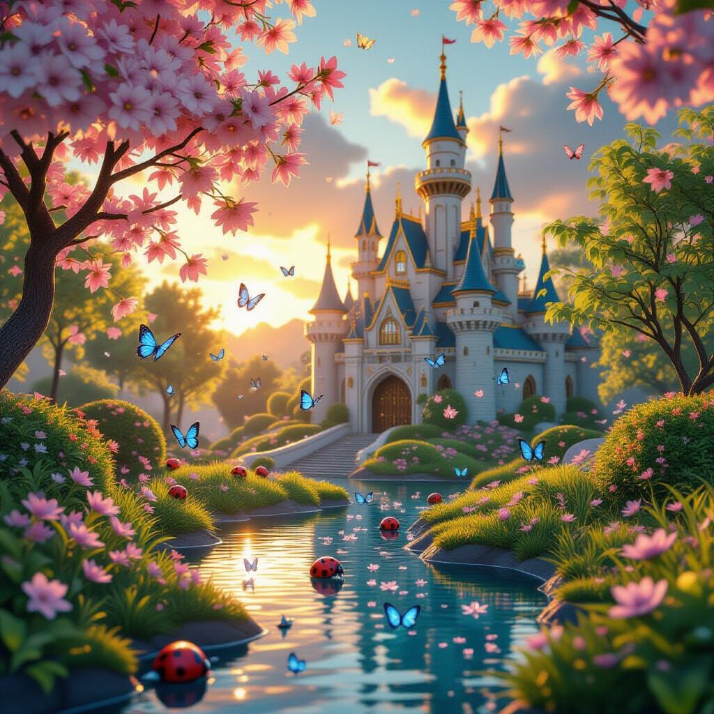 Whimsical Flower Castle with Butterflies and Ladybugs