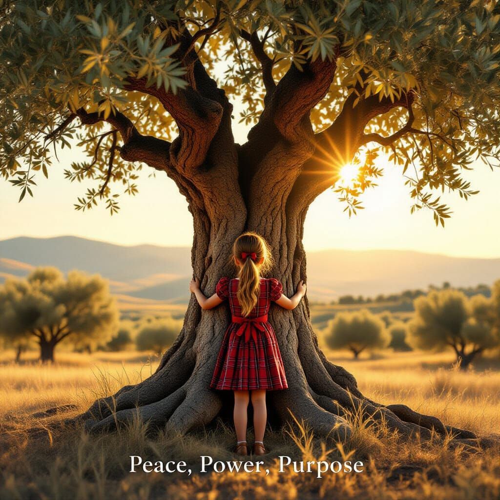 Girl Hugs Ancient Olive Tree in Golden Hour Light