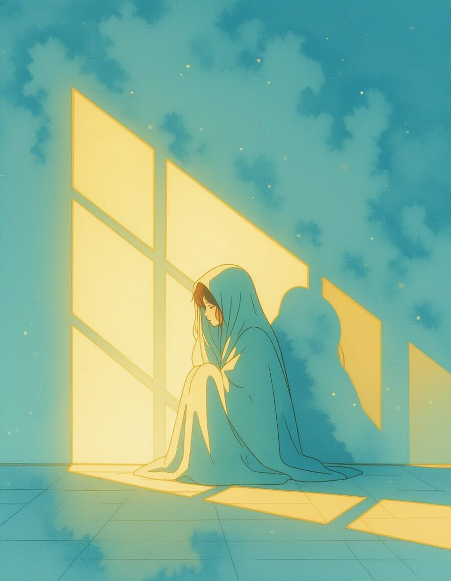 Lonely Figure in Softly Lit Room with Blue Undertones