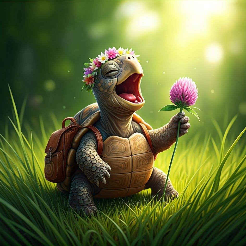 Joyful Turtle Sings with Clover Microphone in Sunshine