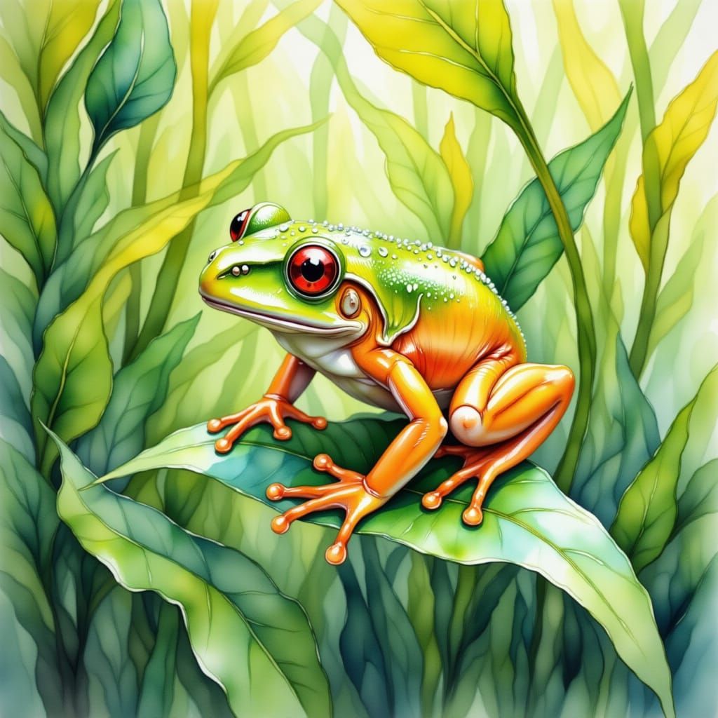 Tree Frog in Watercolour and Ink Wash Style