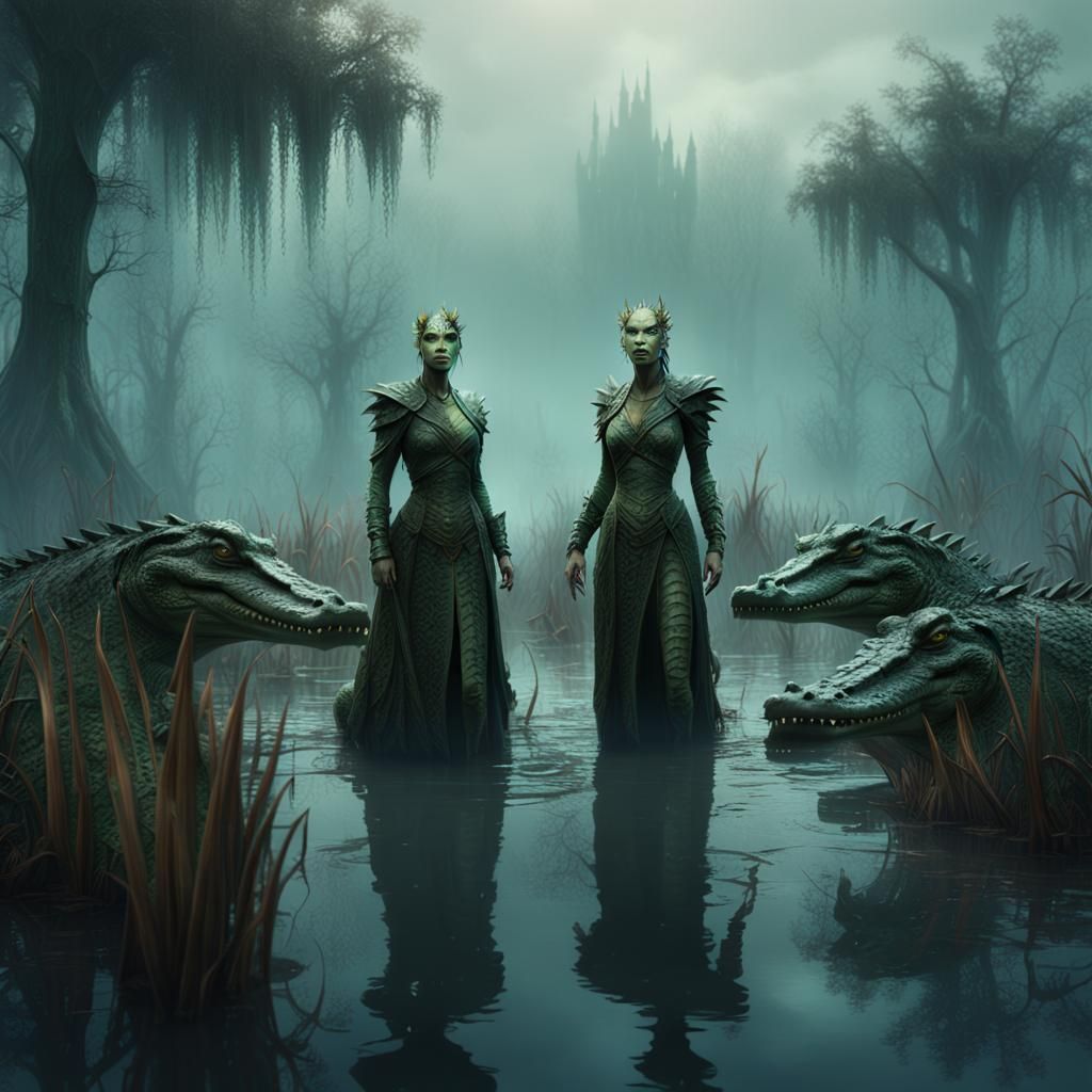Crocodile Woman in Swamp: Detailed Fantasy Art