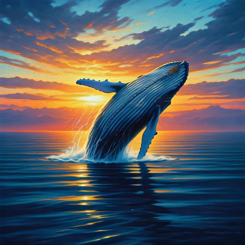 Humpback Whale Breaching at Fiery Sunset Oil Painting