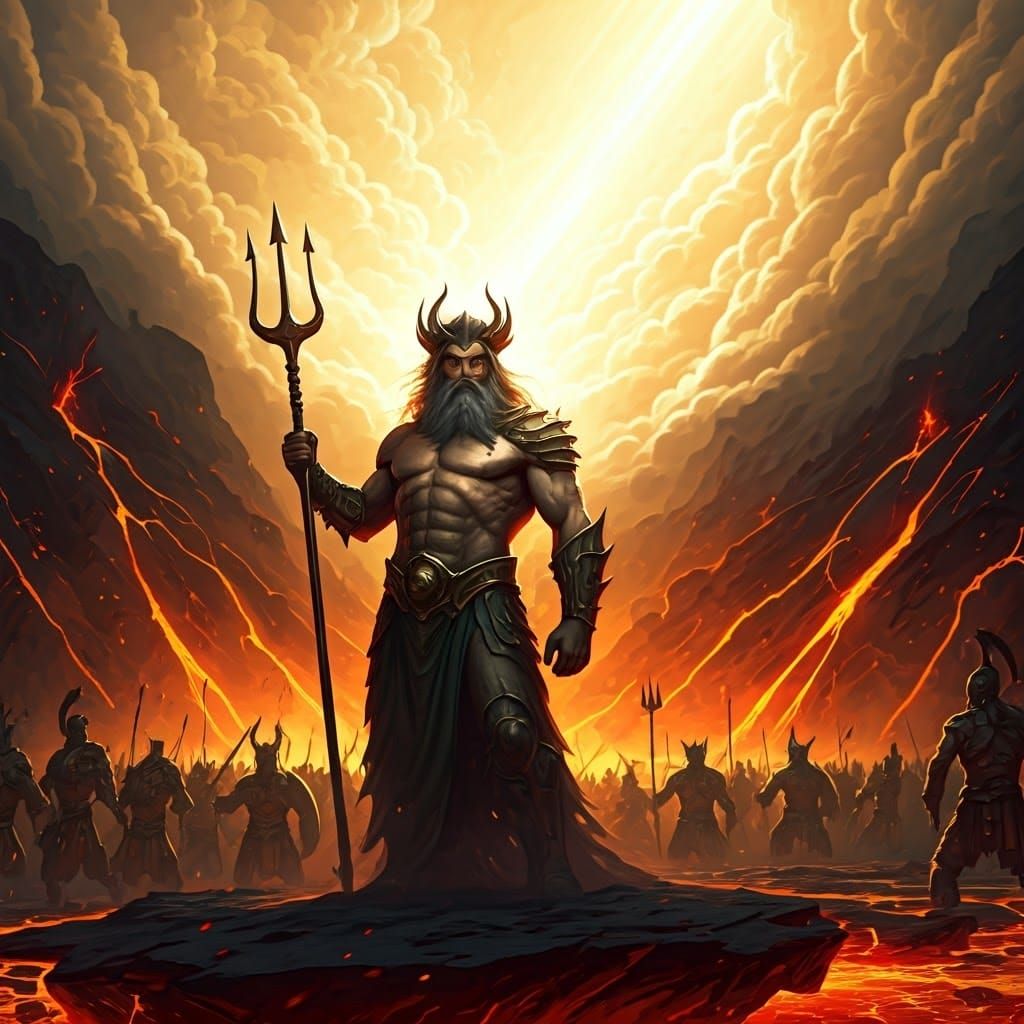 Poseidon Leads His Army Against Volcanic Eruption