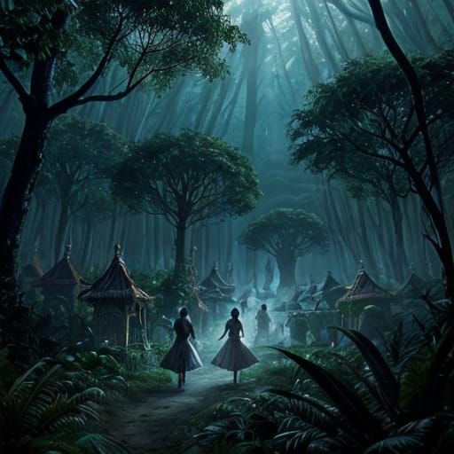Eerie Jungle Village Scene with Supernatural Elements
