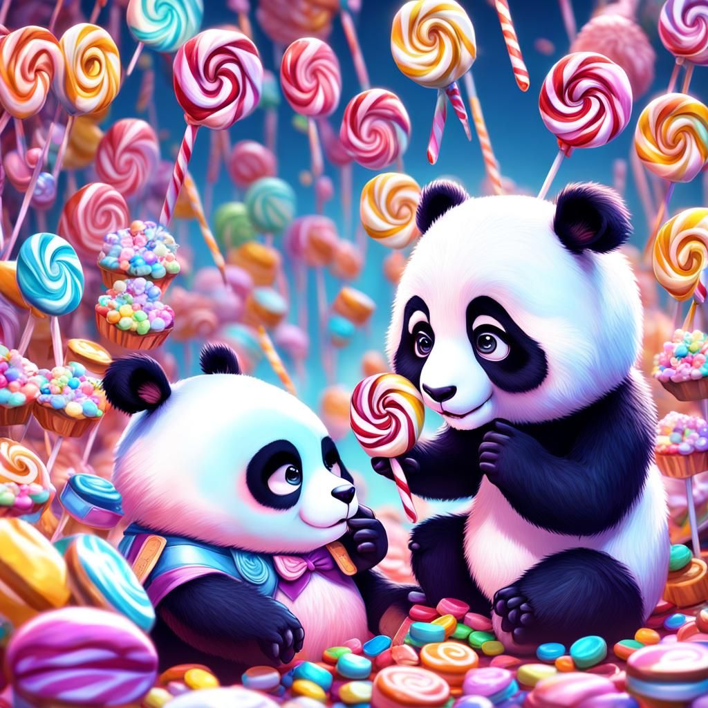 Girl Comforts Panda with Candy in Candyland