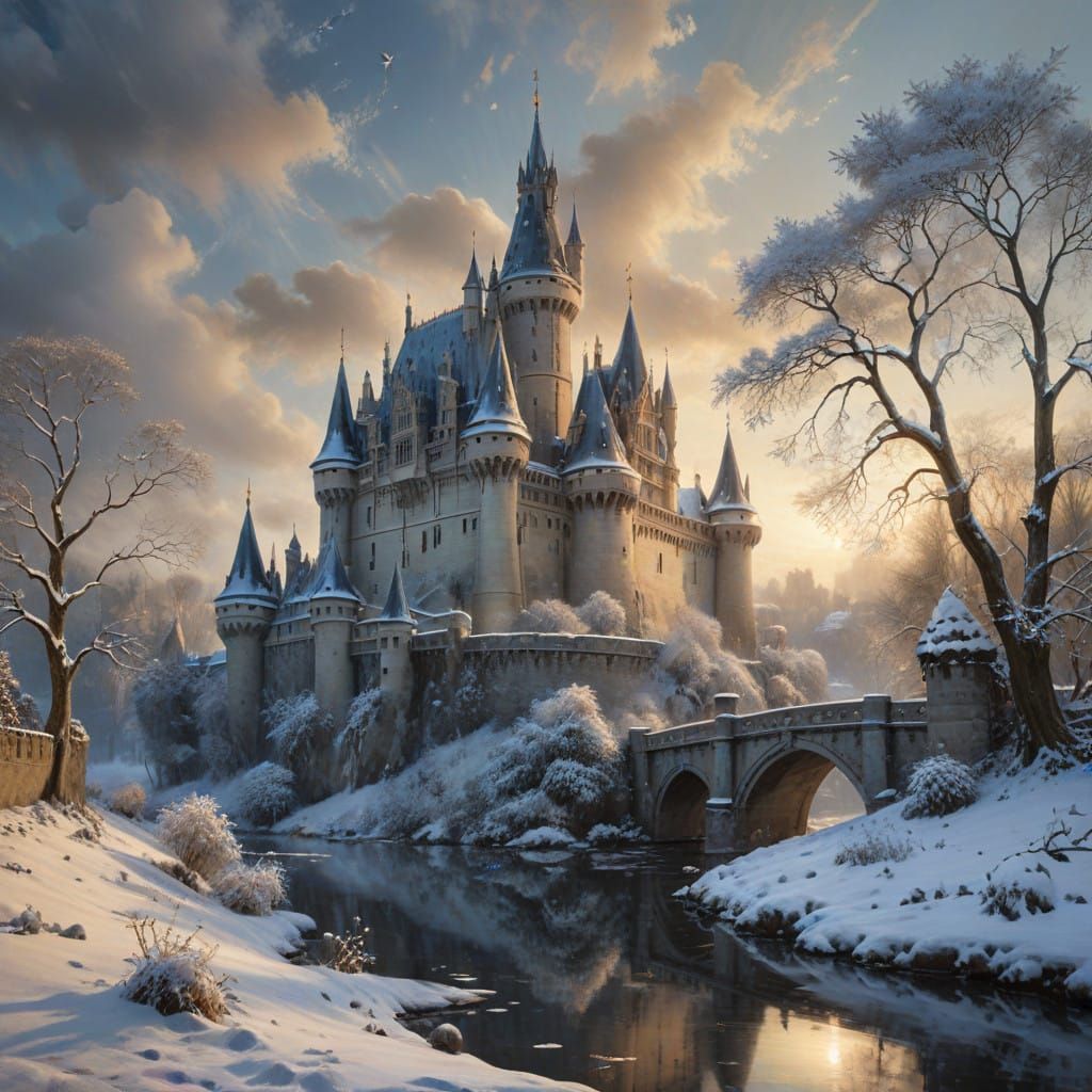 Winter Castle Scene in Medieval Garden Style