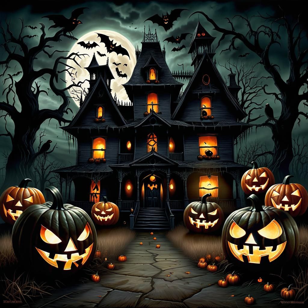 Eerie Halloween Jack-o'-Lanterns in Gothic Art Style