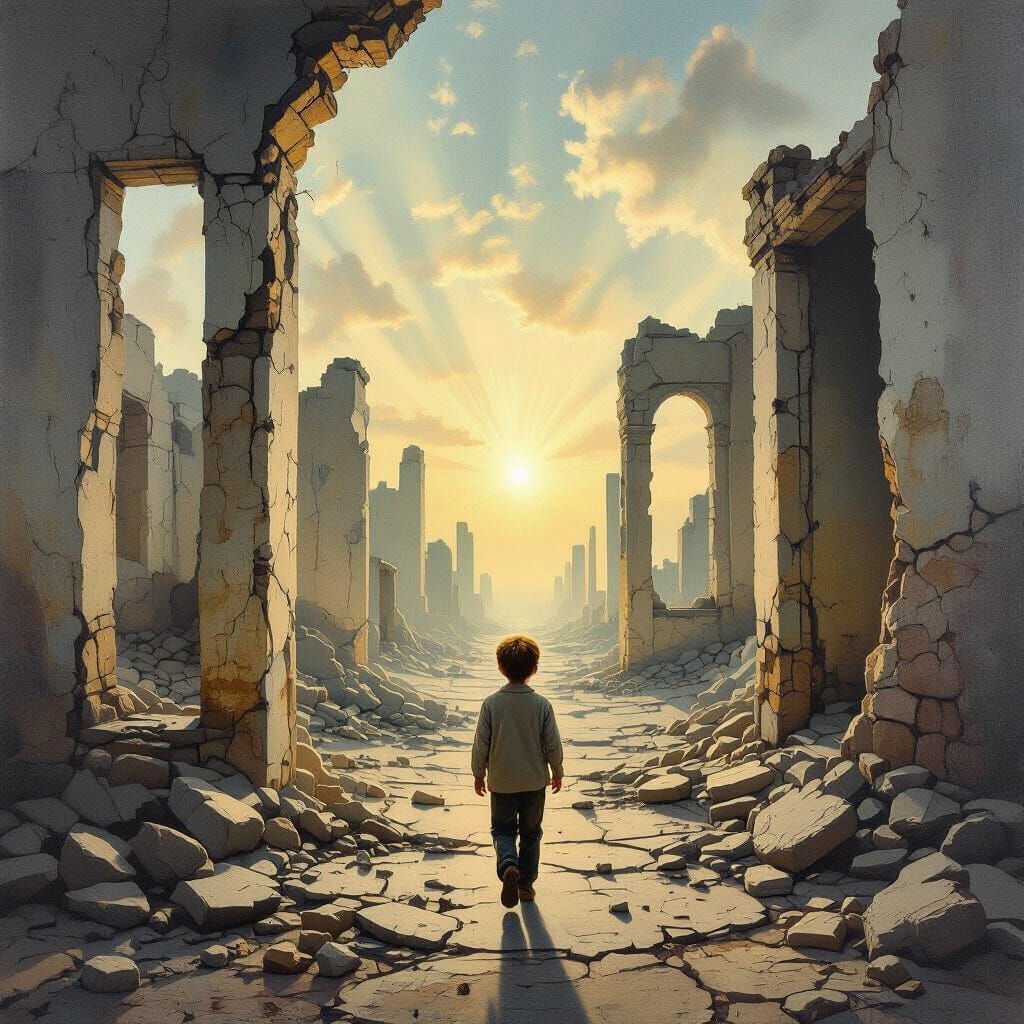Surrealist Painting: Boy Walks Through Ruined Memory