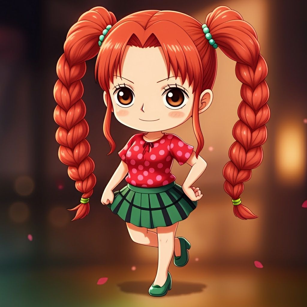 Anime Girl with Red Braided Hair and Polka Dot Shirt