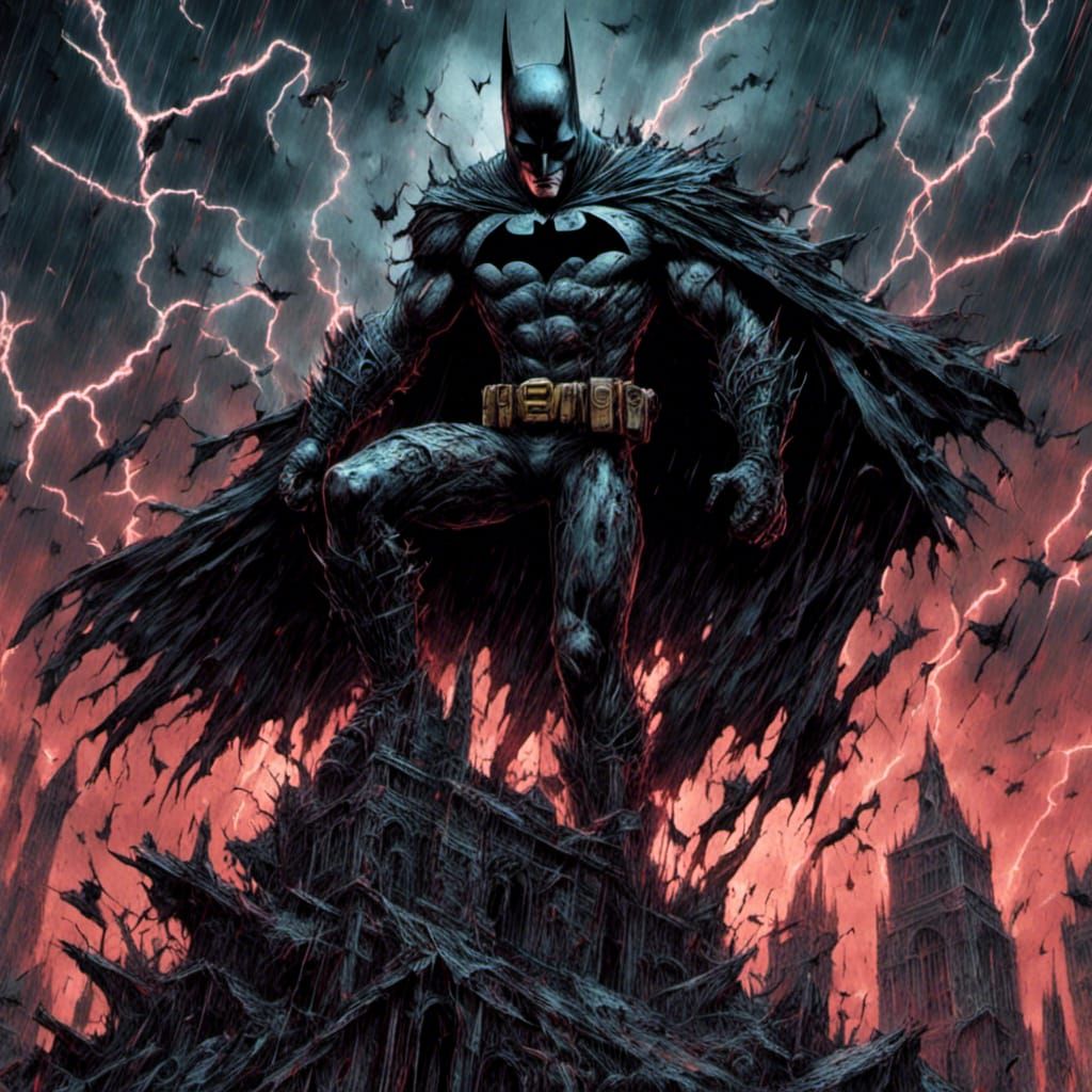 Hyperrealistic Batman on Skyscraper in Ominous Storm