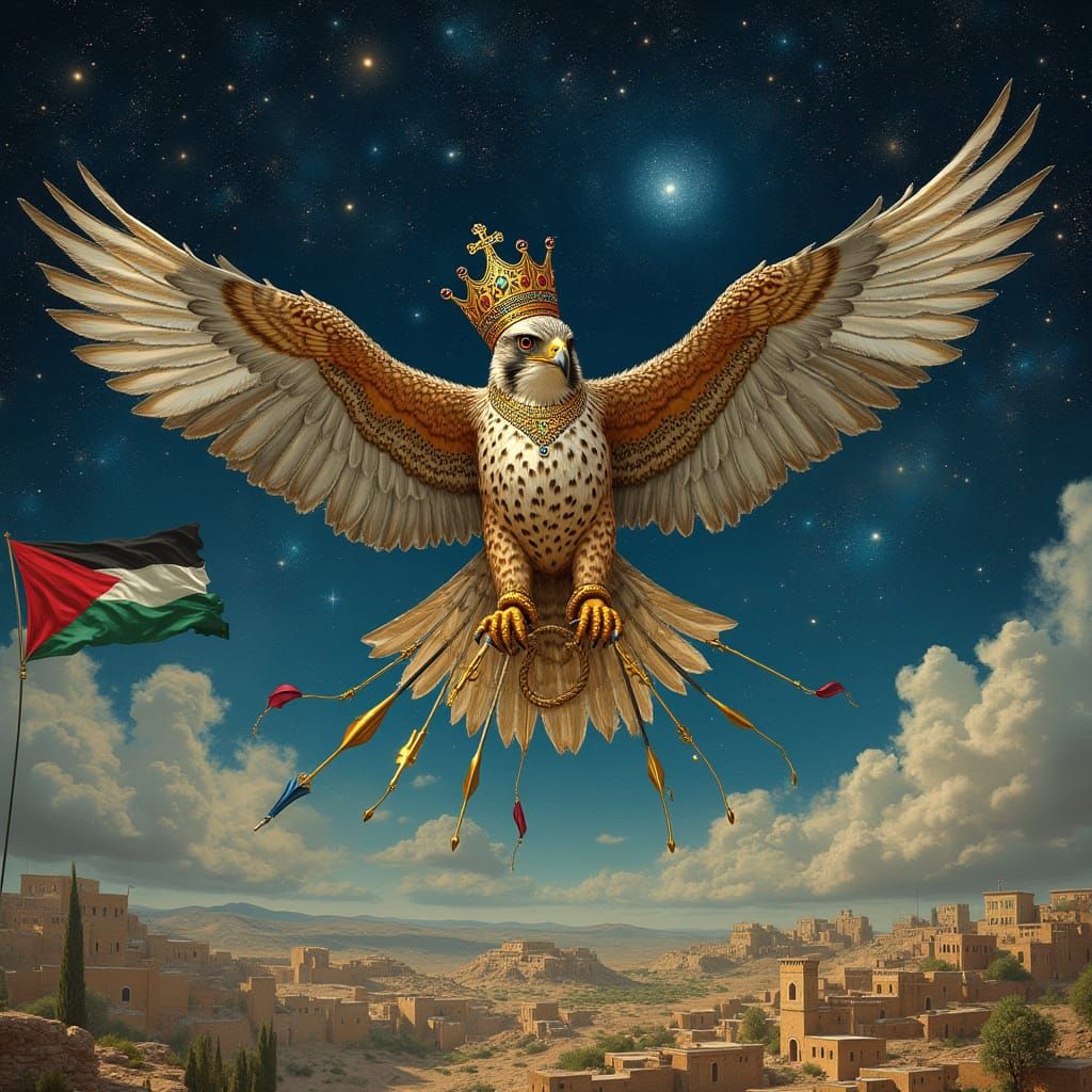 Regal King Peregrine Falcon Soars Above Palestine with Golde...