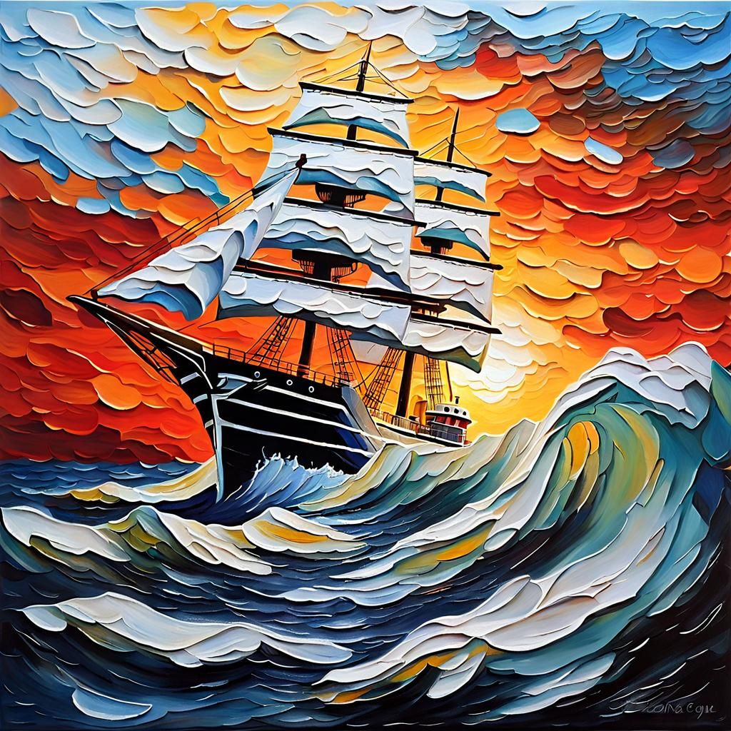 Ship Braves Stormy Seas: Impasto Painting at Sunset