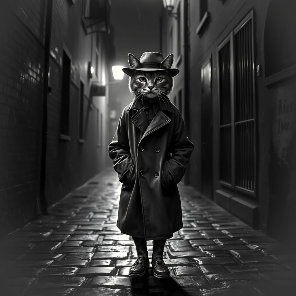 Noir Cat Detective in Rainy Alleyway