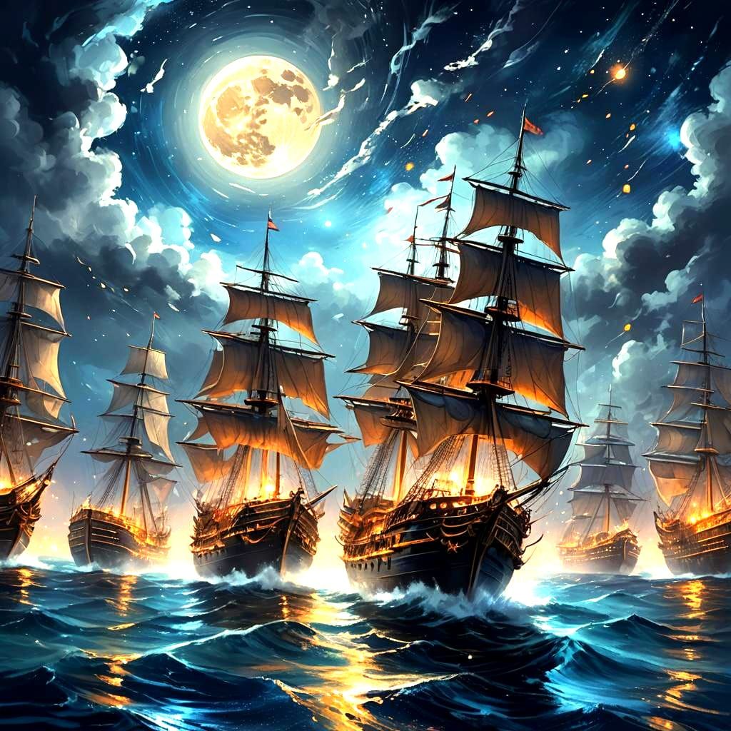 Moonlit Blue Sea: Ships Racing with Lighting Sparks