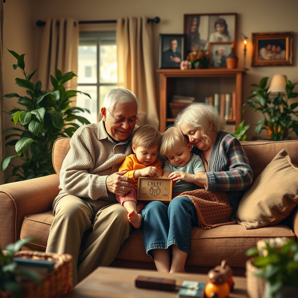 Grandparents Embracing Grandchildren in Nostalgic Style