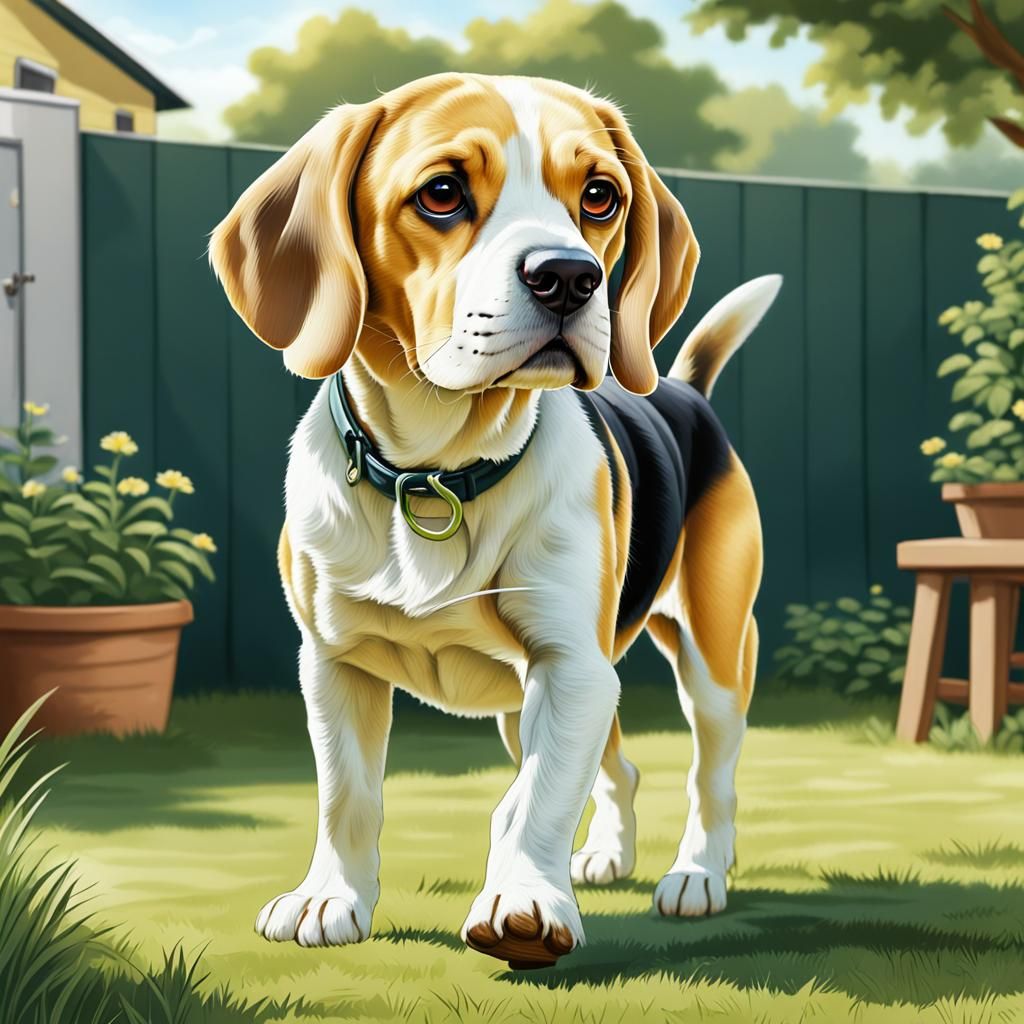 Lemon Beagle in Backyard: Comic Art Style