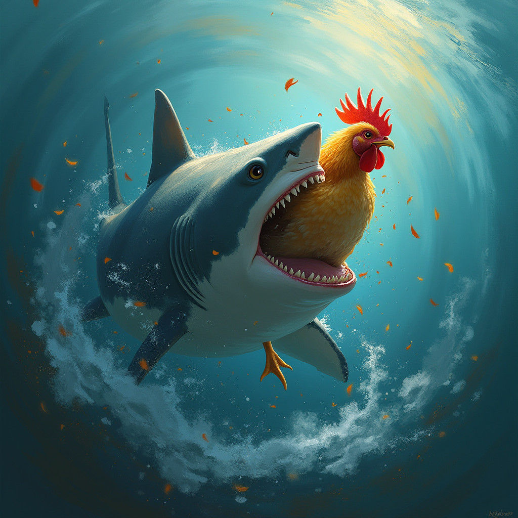 Surreal Shark Devouring Chicken: Dreamlike Matte Painting