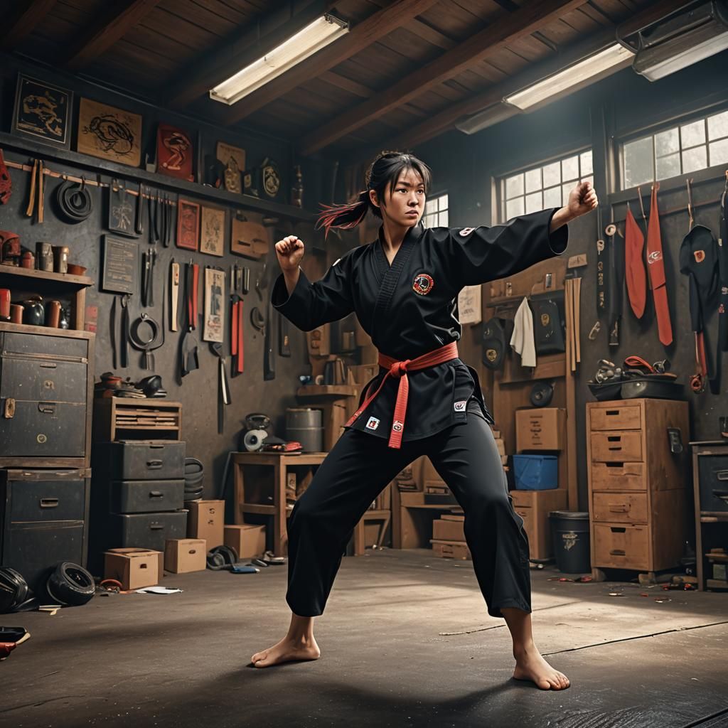 Woman Kicking Punching Bag: Detailed Fantasy Art