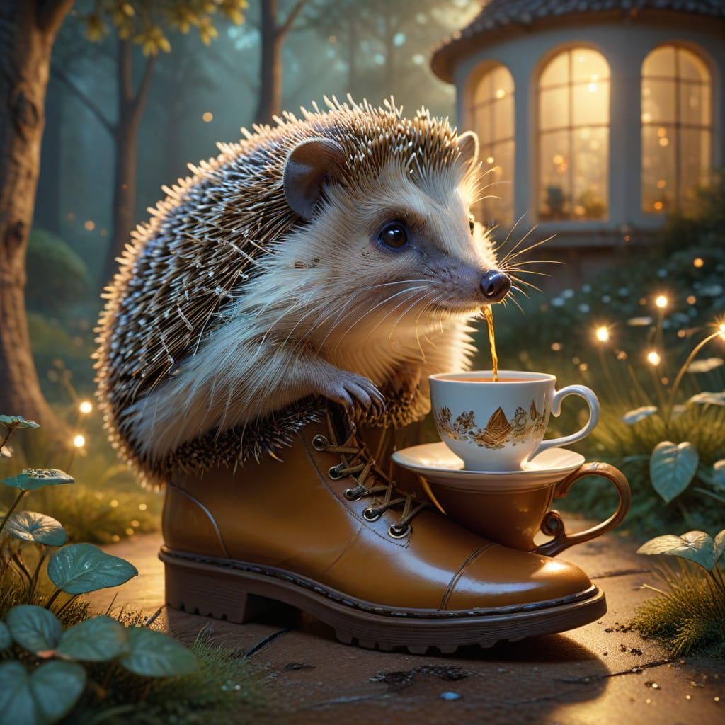 Hedgehog Tea Party in Surreal Boot Villa