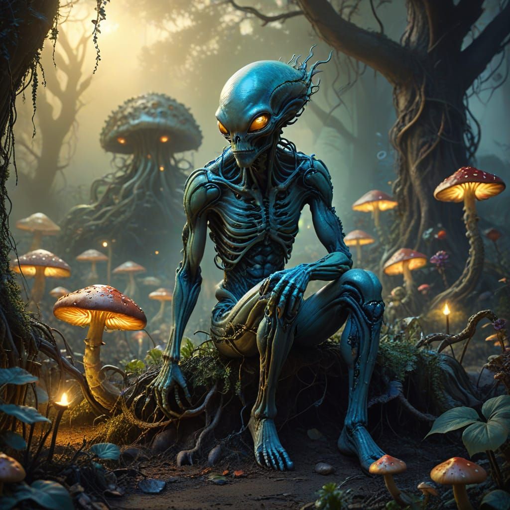 Alien in Creepy Garden: Surreal Oil Painting