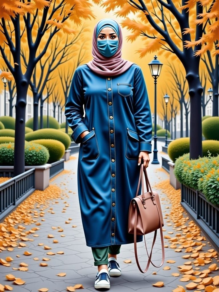 Young Woman in Hijab and Mask: Oil-Guache Painting