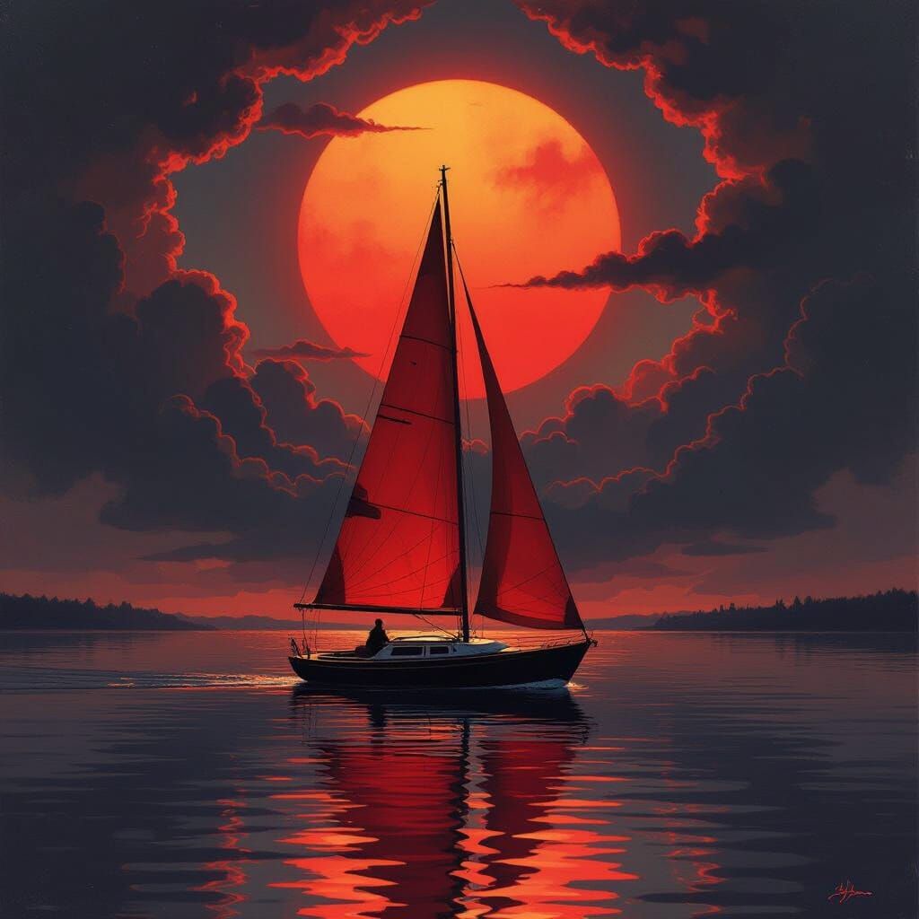 A sailboat with a dark hull and vibrant fire red sail, cente...