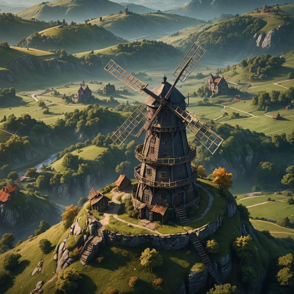 Old Windmill on Hill: Detailed Matte Painting