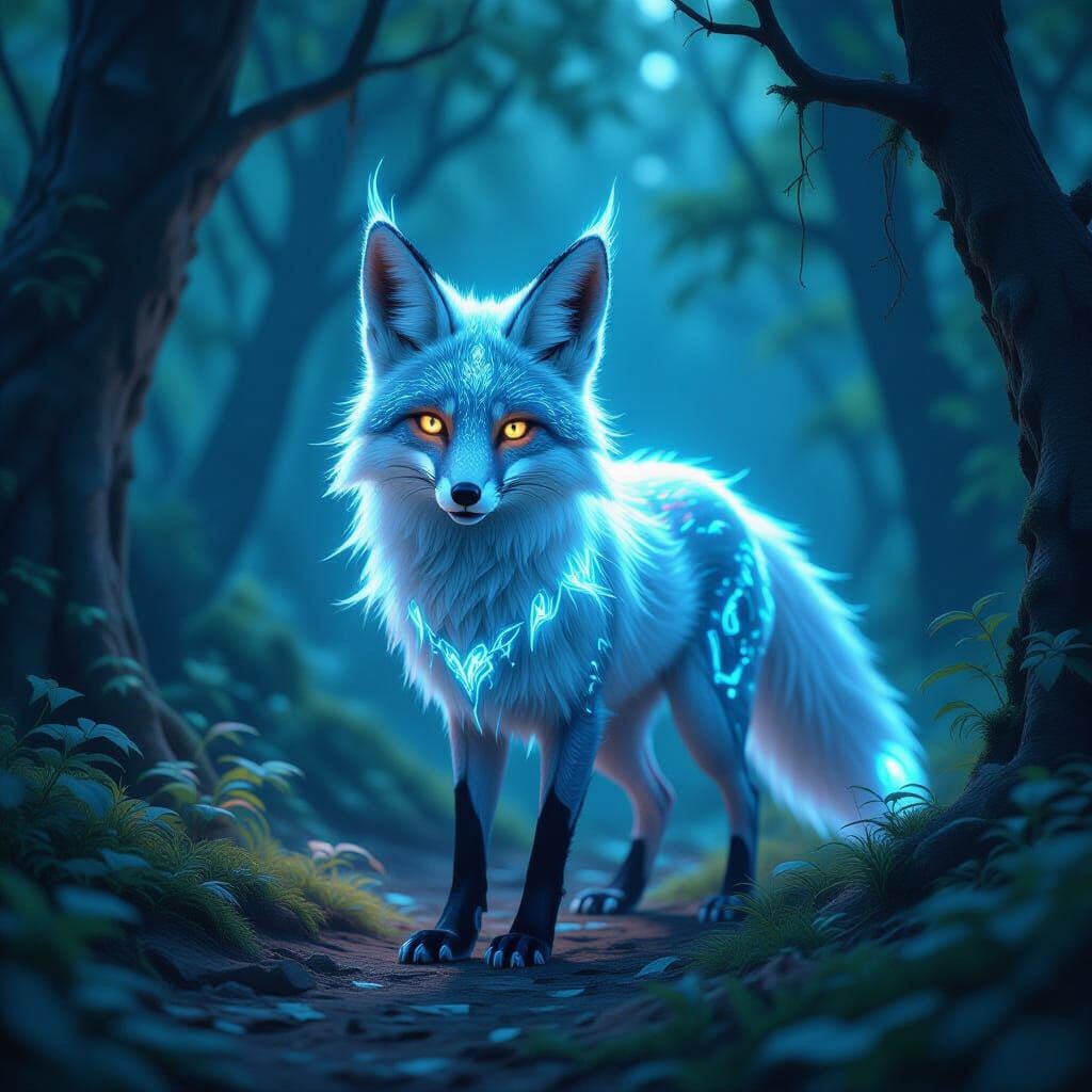 Bioluminescent Biomechanical Fox in Enchanted Forest