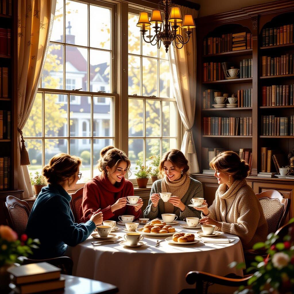 Cozy Book Club in Sunlit Tea Room
