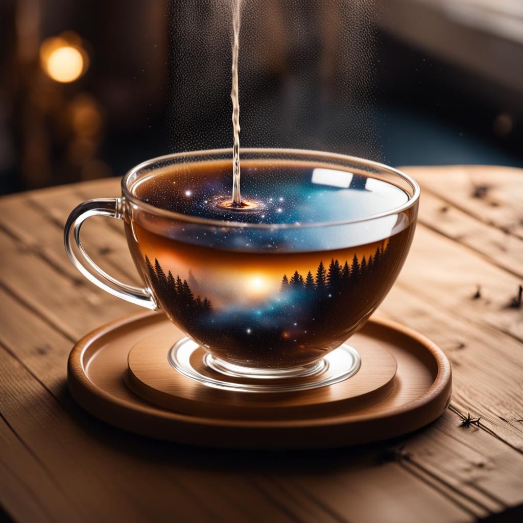 Galactic Fountain in Teacup on Wooden Table