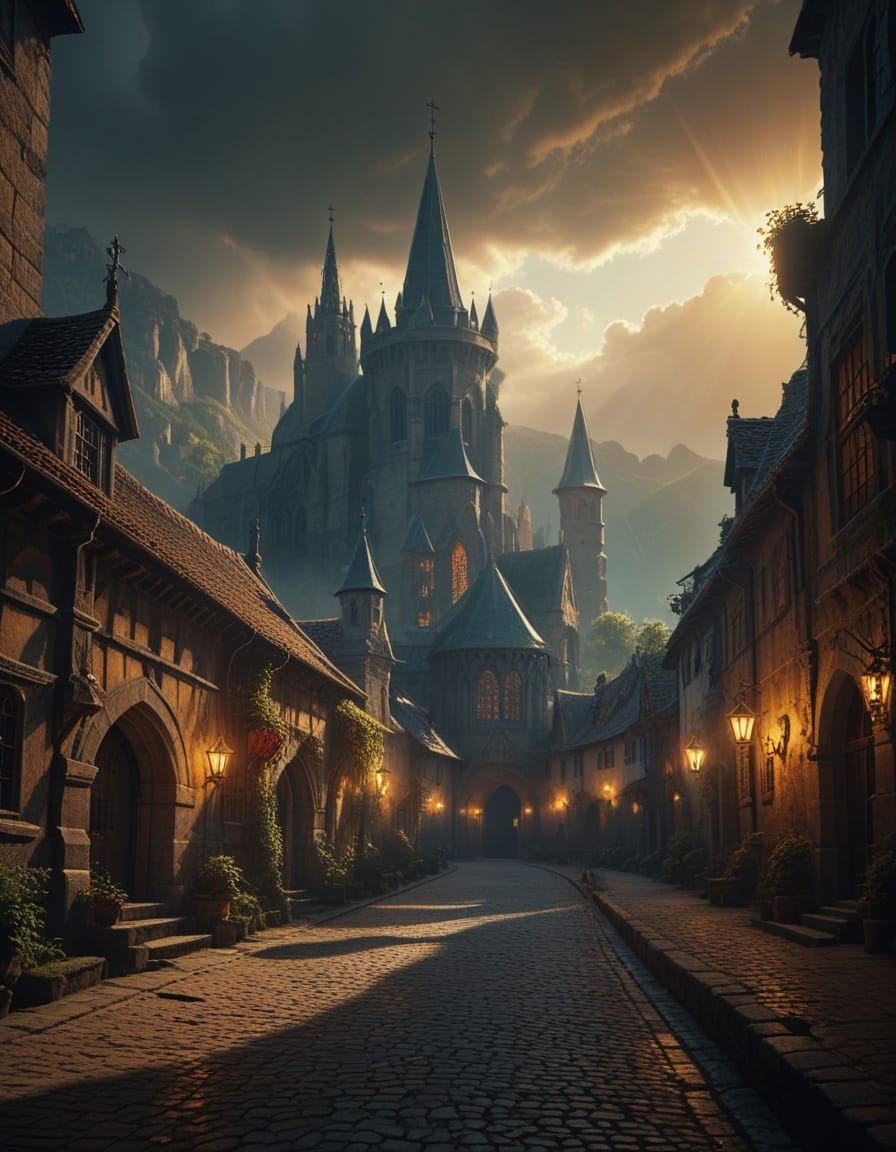 Vibrant Medieval Townset at Sunset in Oil Painting Style