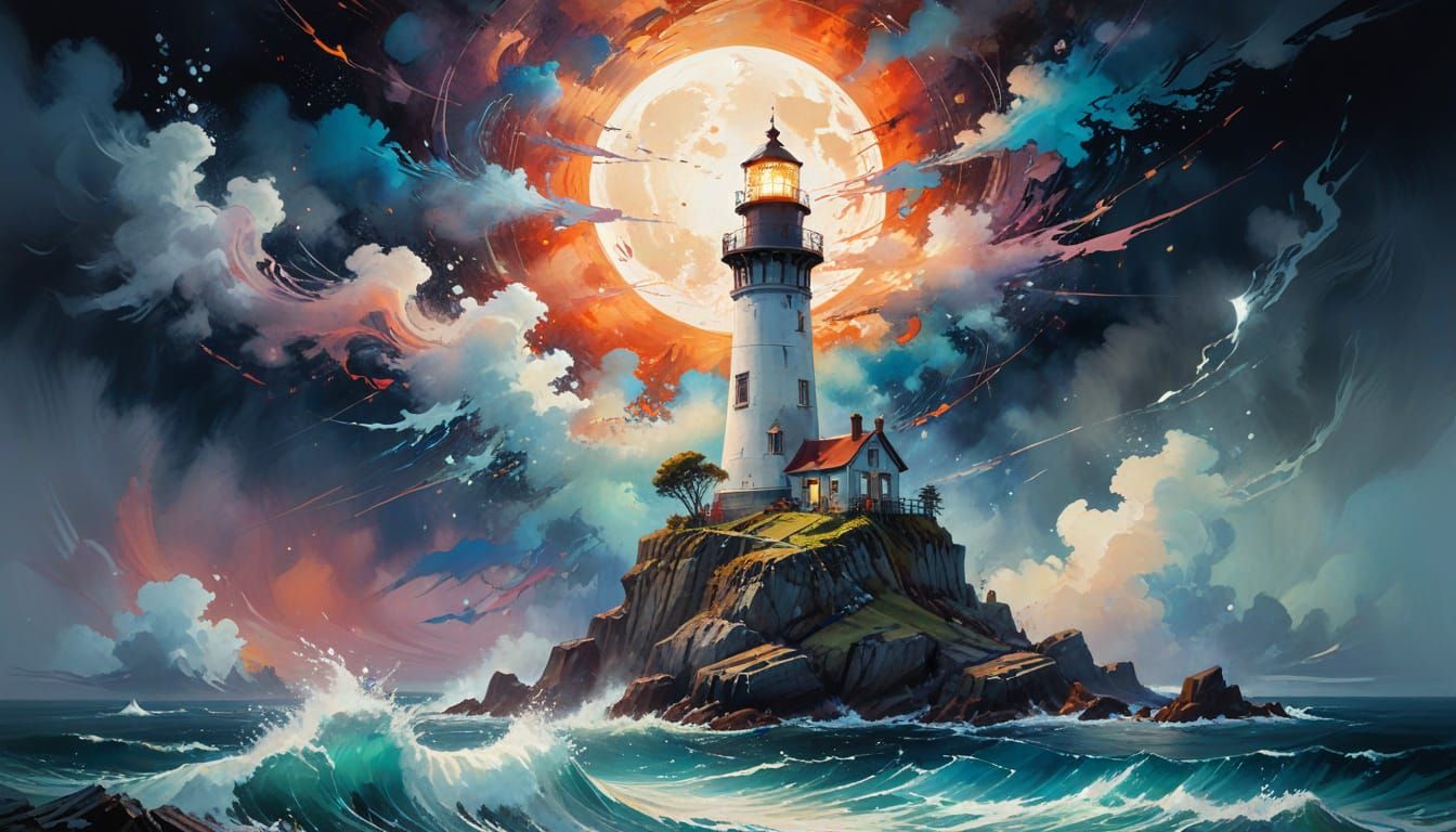 Surreal Lighthouse Dreamscape in Watercolor