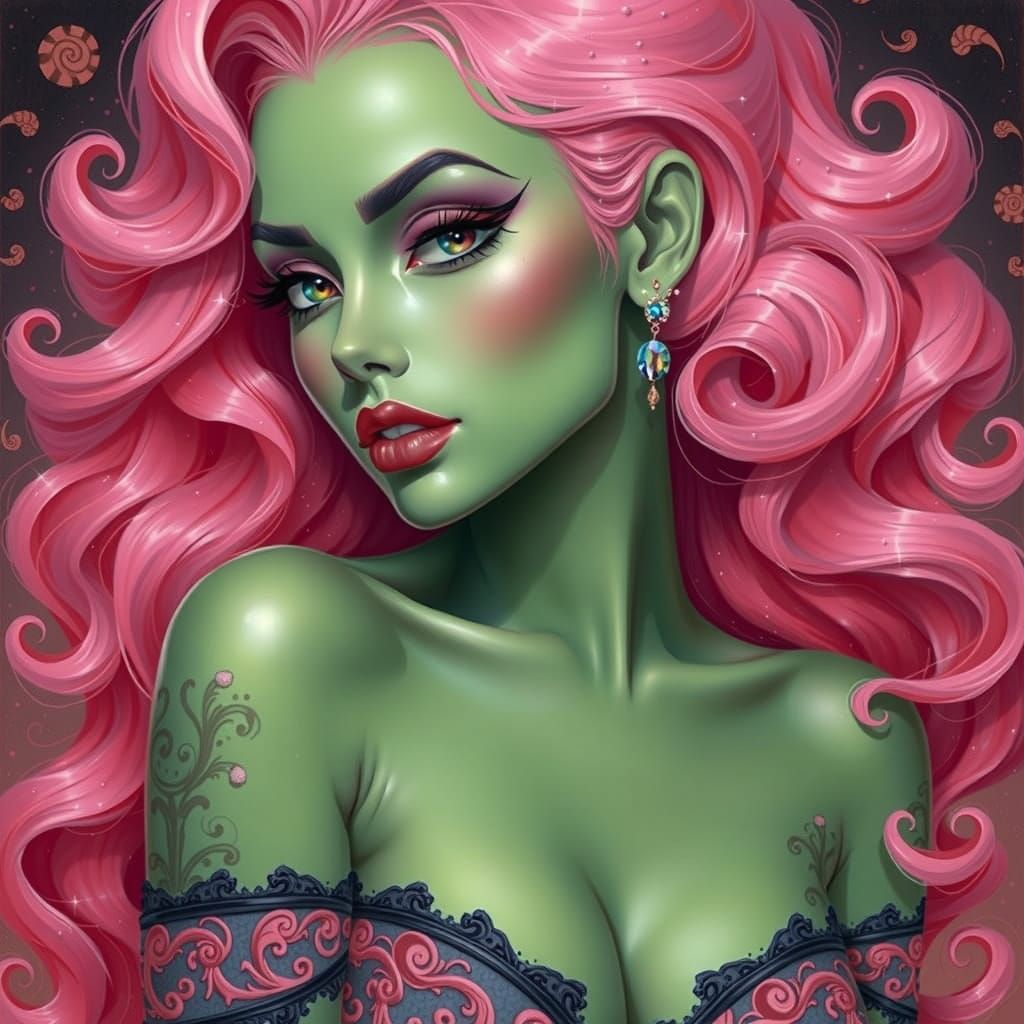 Surreal Goddess in Emerald Green, with Pink Hair and Whirlpo...