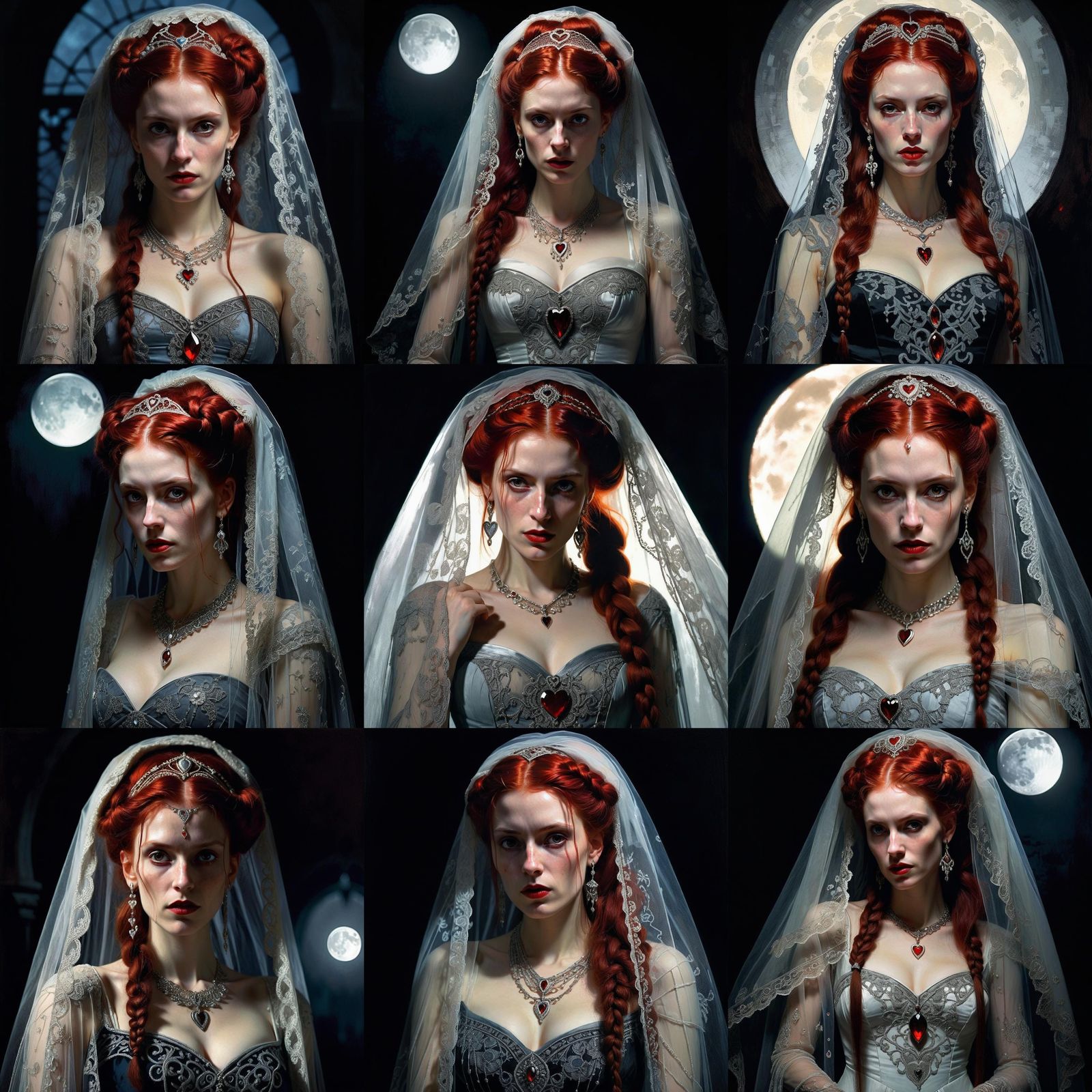 Sinister Vampiress in Moonlight, Detailed Oil Painting