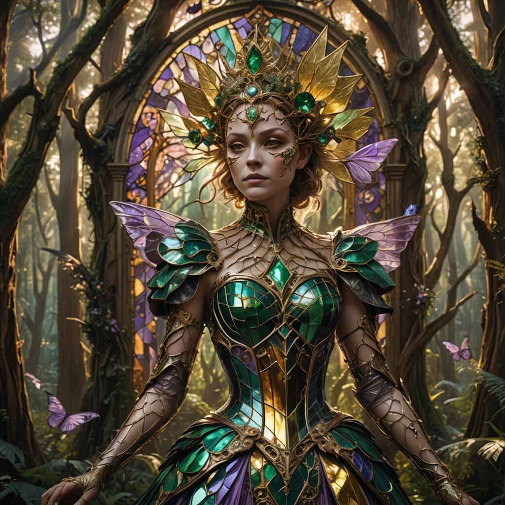 Biomechanical Fairy in Stained Glass Dress