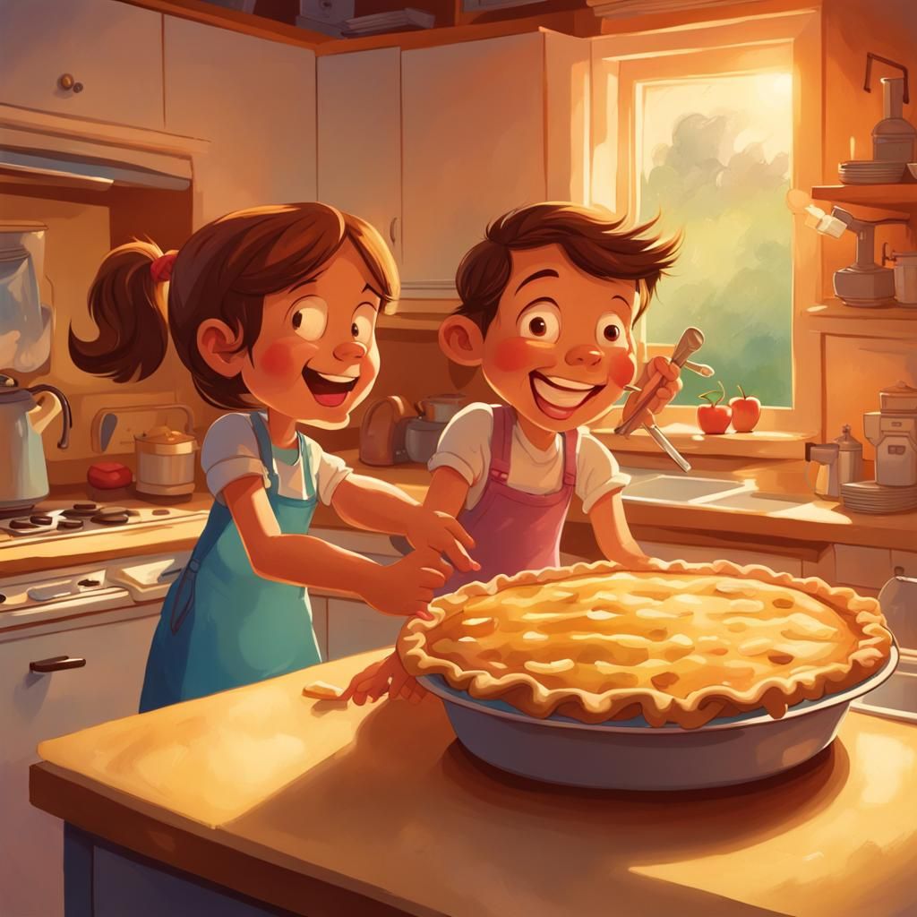Children Baking Apple Pie in Storybook Illustration
