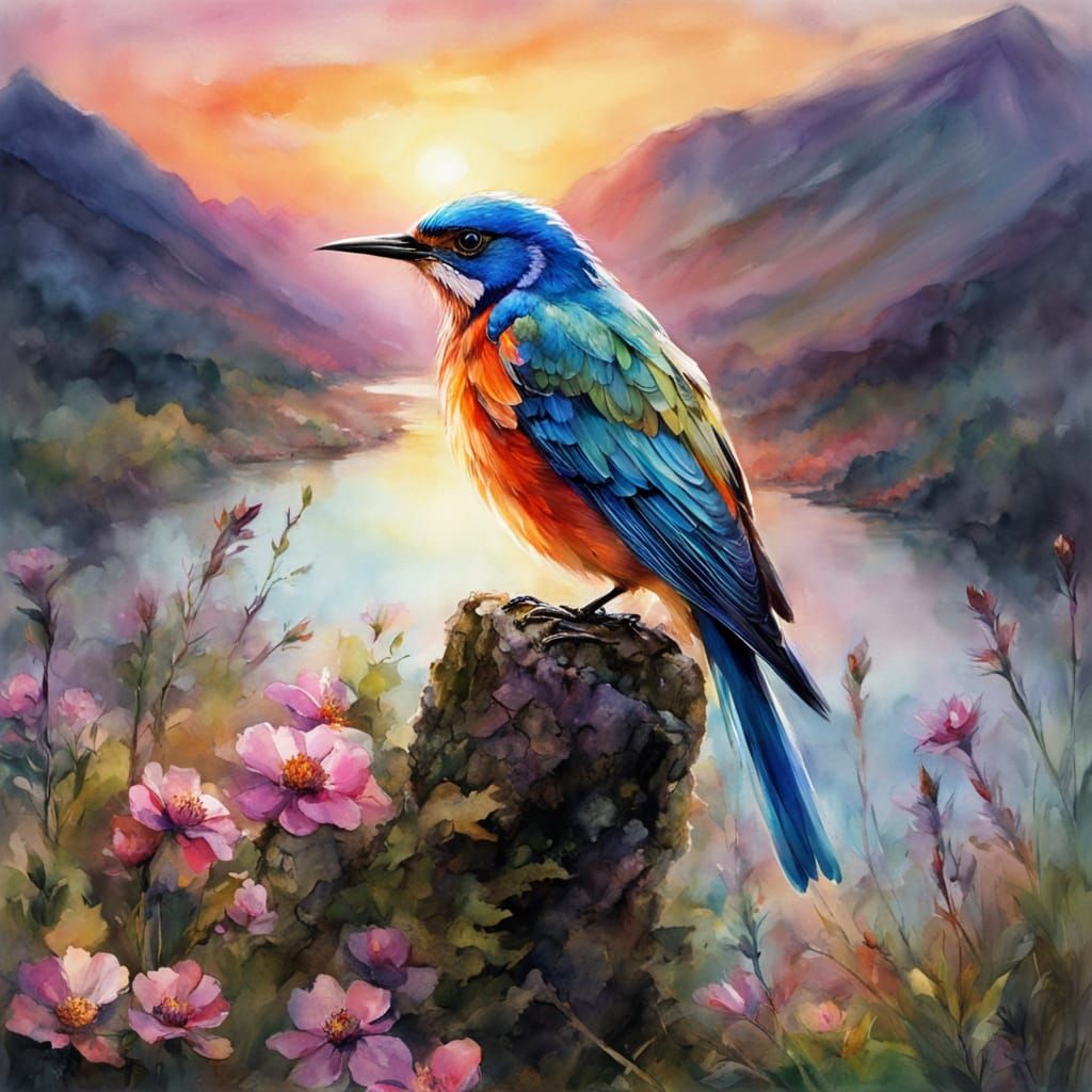 Summer sunset, fantasy bird