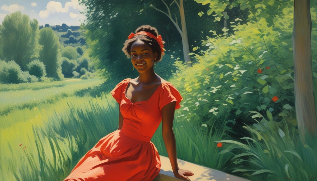 Elegant Black Woman in Red Dress, Lost in Thought, Inspired...