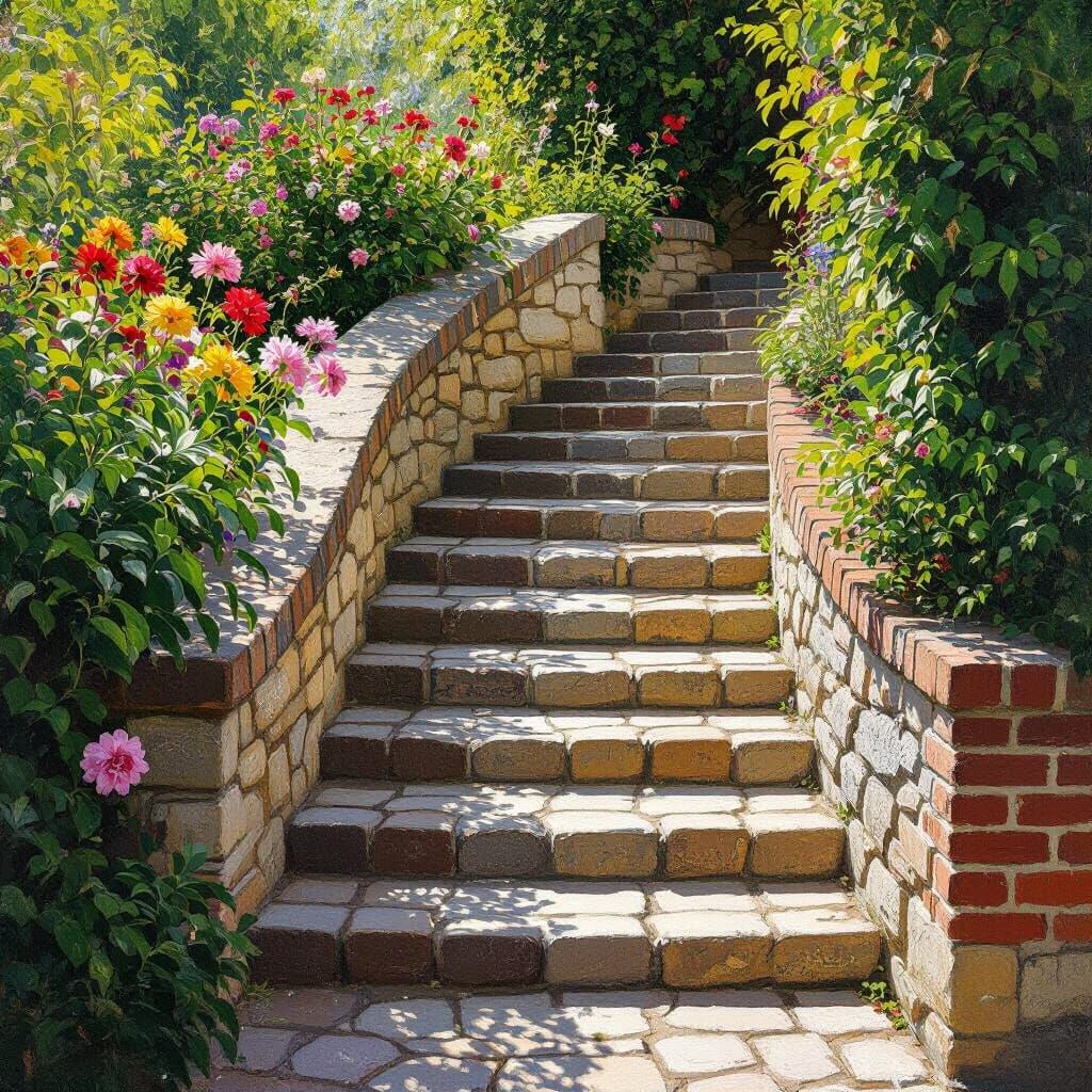 Winding Staircase with Flower Gardens in Impressionist Style