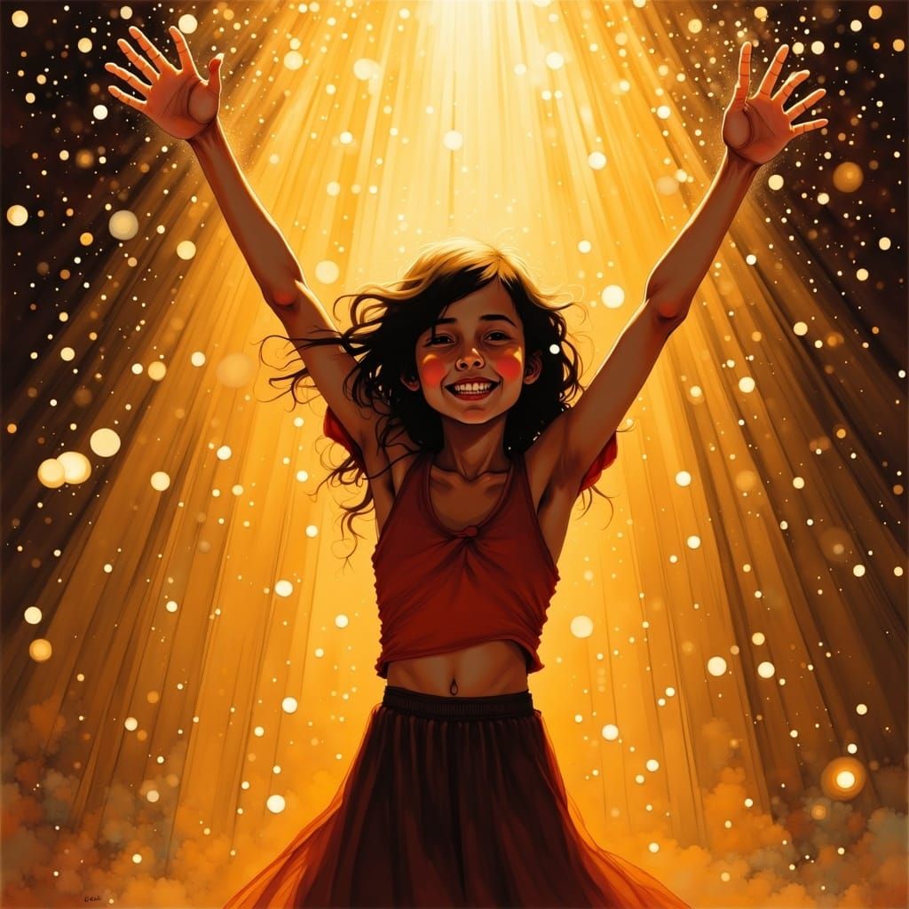 Person Dancing Joyfully Under Golden Sparks