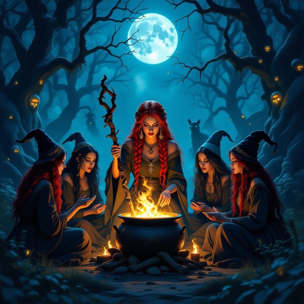 Witches Ritual in Moonlit Forest Clearing