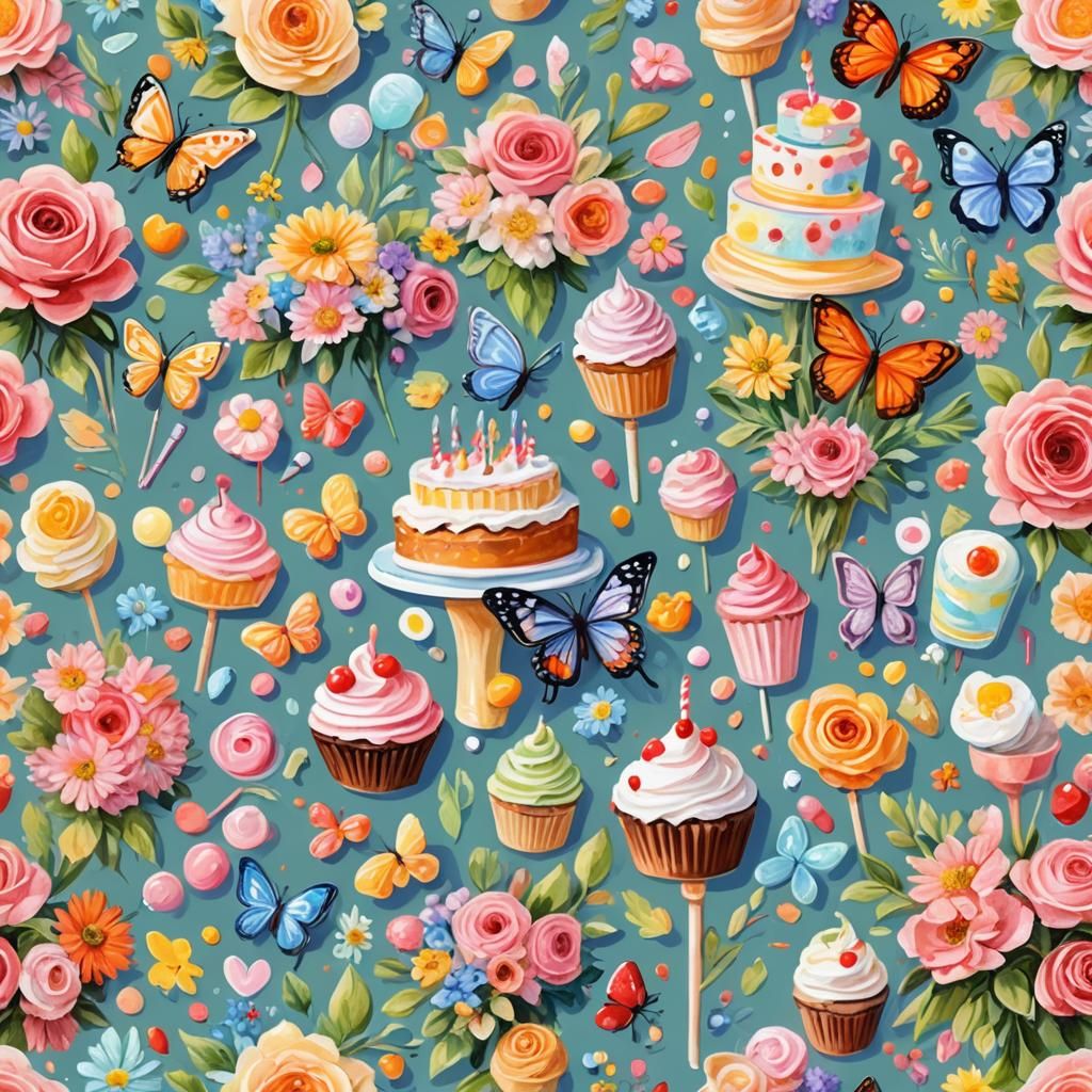 Pastel Birthday Card with Flowers in Gouache Style