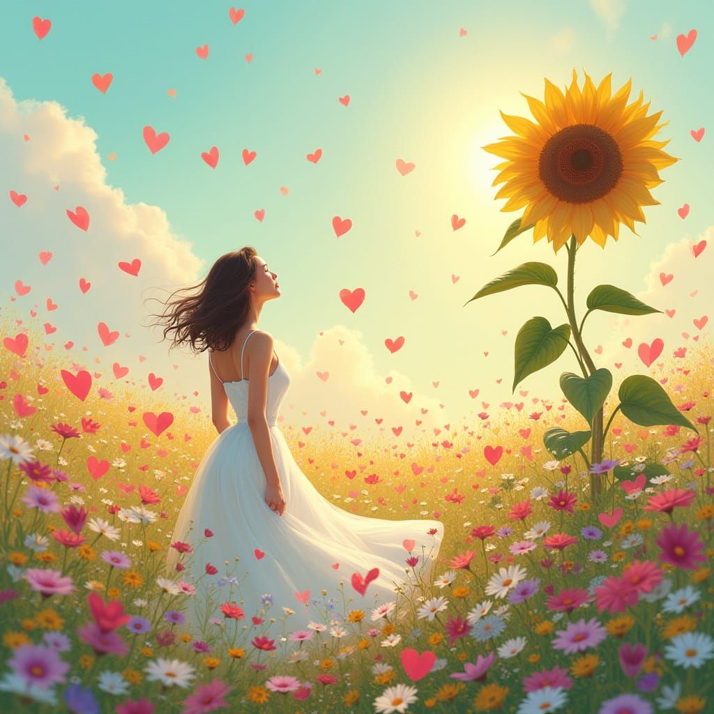 Woman Surrounded by Love in Murakami-Inspired Style