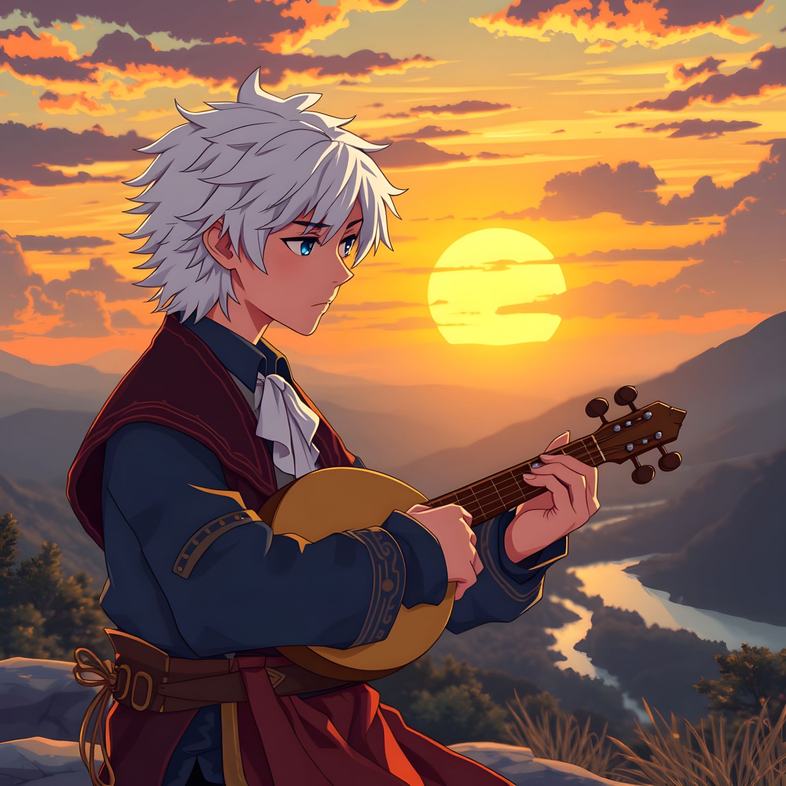 Young Bard Plays Lute at Sunset, Manga Style