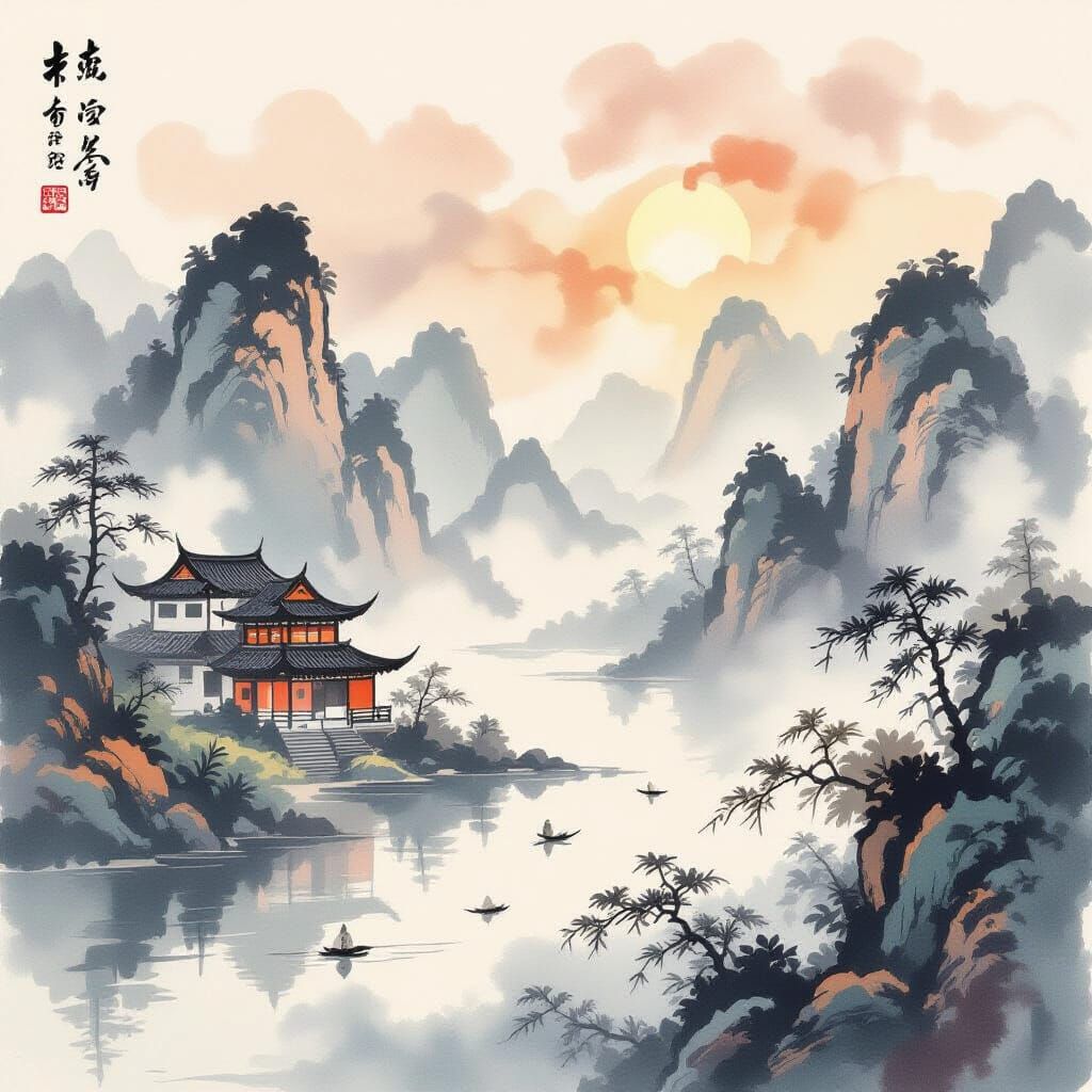 Serene Ink Painting on Asian Scroll