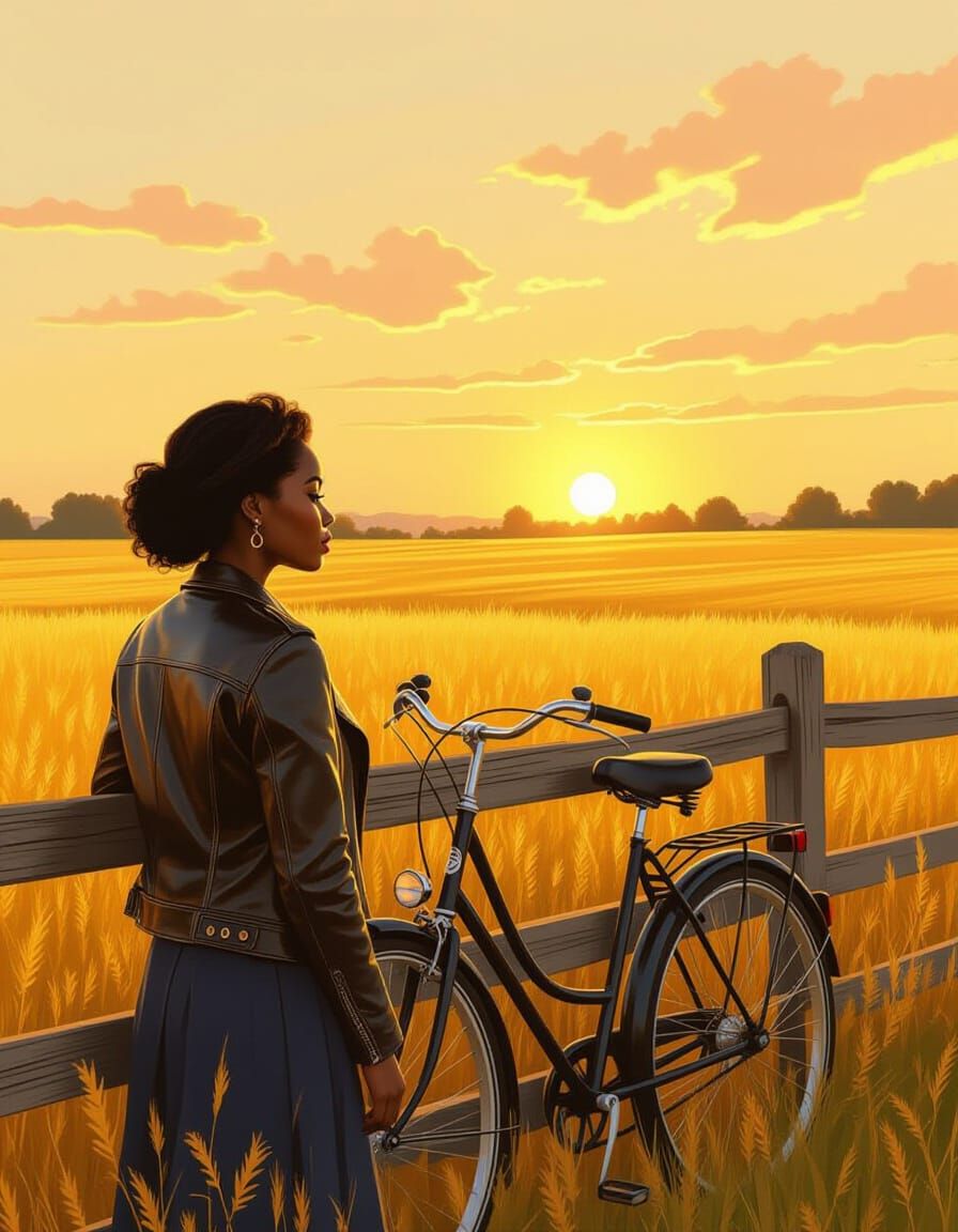Golden Hour Field Scene with Woman and Bicycle